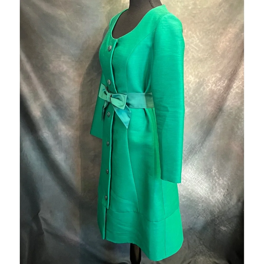 Vintage 1959–62 Emerald Shantung Cocktail Coat Crystal Buttons & Satin Bow‎ Belt - Picture 4 of 9